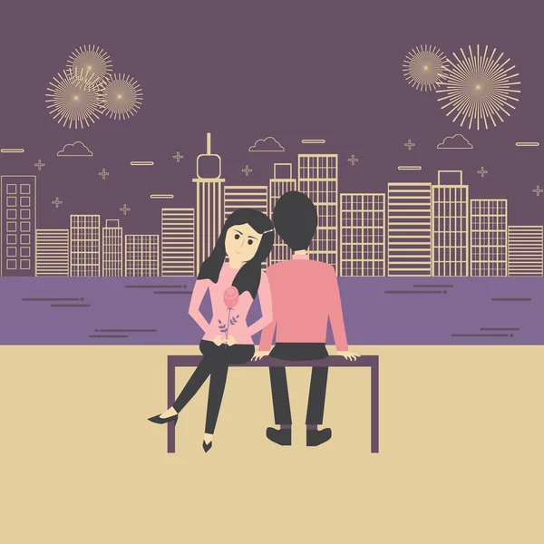 Cartão de Dia dos Namorados com Casal na cidade, flat vector illustra — Vetor de Stock