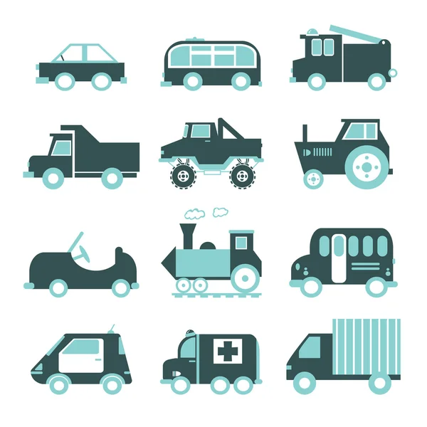 Płaskie śmieszne kreskówka drogowego transportu zestaw ikon. Pogotowie ratunkowe, pociąg, tr — Wektor stockowy