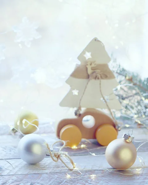 Merry Christmas New Year Decorations Balls Illumination Light Wooden Table — Stock Photo, Image