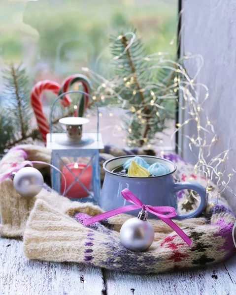 Christmas Decorations Cup Coffee Meringues Lantern Burning Candle Spruce Branches — 스톡 사진