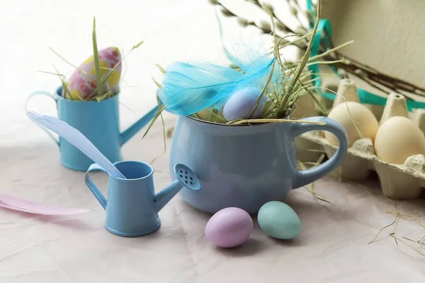 Easter Decorative Composition Cups Eggs Decor Wooden Surface Window Background — Stock Photo, Image