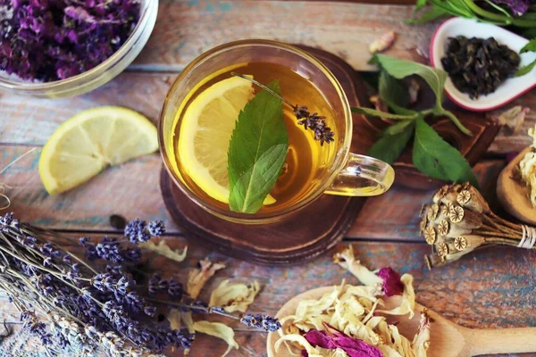 Herbal Tea Lemon Dry Petals Useful Flowers Wooden Table — Stockfoto