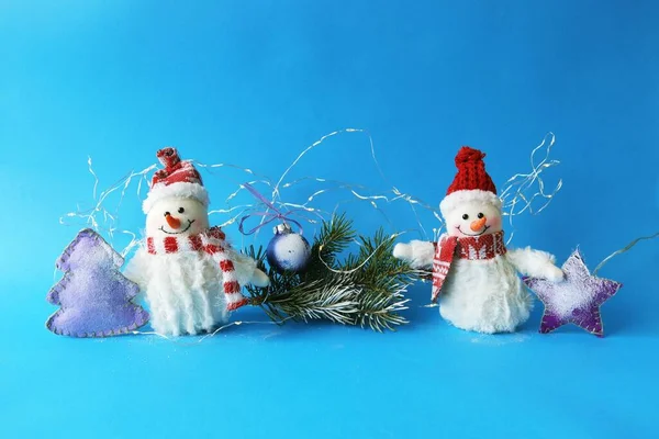 Toys Snowmen Christmas Decorations Illumination Bright Background Concept Congratulations Postcards — Stock Photo, Image