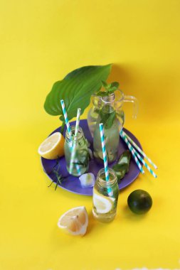 Sağlıklı soğuk narenciye, tarhun, salatalık ve nane yaprakları, parlak bir arka planda, yaz mevsimi, sağlıklı yemek, limonata, kilo vermek için su, detoks