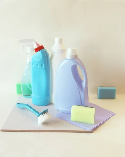 Liquid Detergents Plastic Bottles Home Cleaning Products Table Light Background — Stock Photo, Image