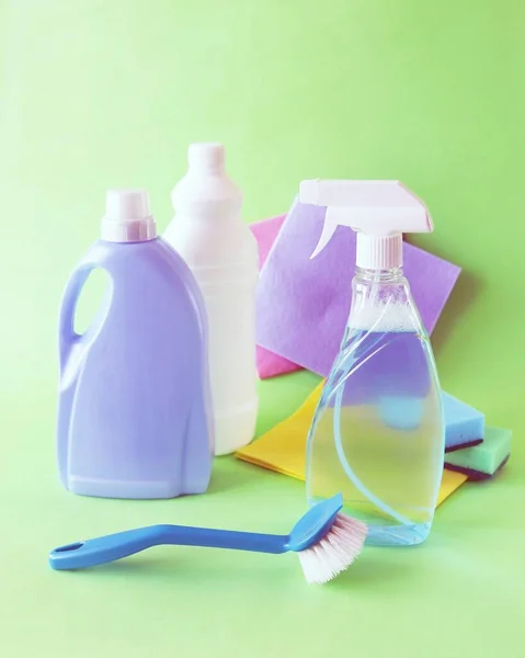 Liquid Detergents Plastic Bottles Home Cleaning Products Table Light Background — Stock Photo, Image