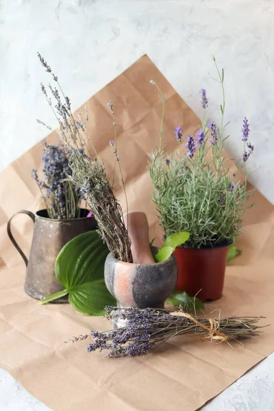 Frisch Blühender Lavendel Topf Und Getrocknete Blumensträuße Auf Dem Tisch — Stockfoto