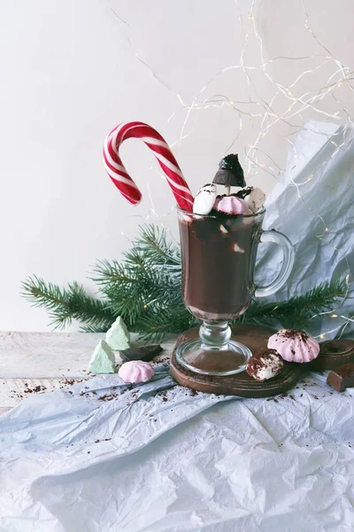 Christmas Drink Chocolate Meringue Cocoa Glass Cup Wooden Table Illumination — Stock Photo, Image