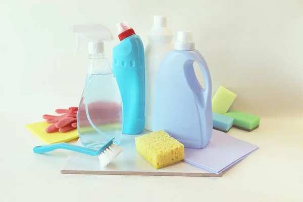 Liquid Detergents Plastic Bottles Home Cleaning Products Table Light Background — Stock Photo, Image