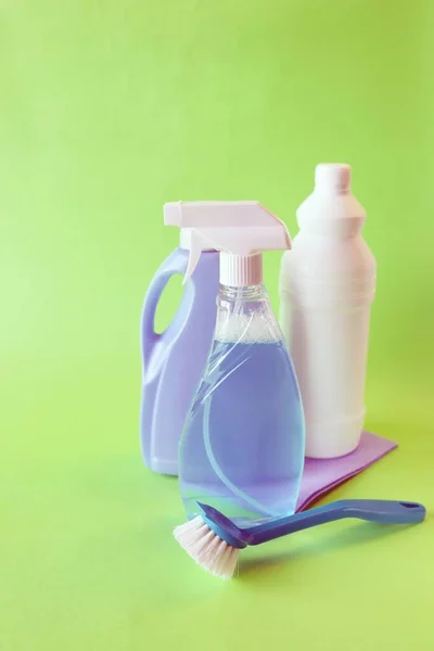 Liquid Detergents Plastic Bottles Home Cleaning Products Table Light Background — Stock Photo, Image