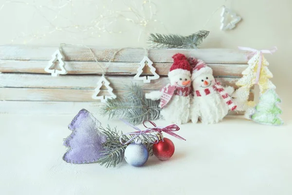 Toys Snowmen Christmas Decorations Spruce Branches Illumination Snow Light Wooden — Stock Photo, Image