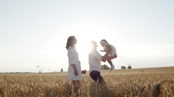 Feliz família amorosa juntos joga jogos engraçados na natureza, pais apoiar a criança — Vídeo de Stock