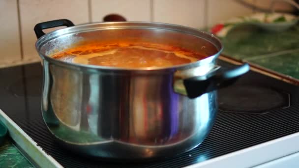 Boiling soup on kitchen stove — Stock Video