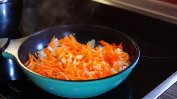Onion and carrot stew on pan — Stock Video
