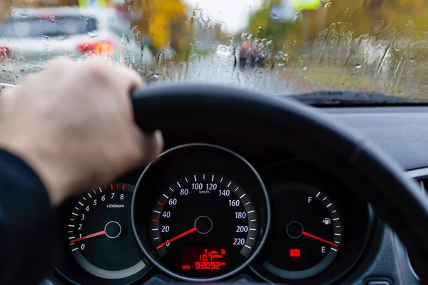 Hand Driver Car Wheel View Dashboard Rainy Day City — Stock Photo, Image