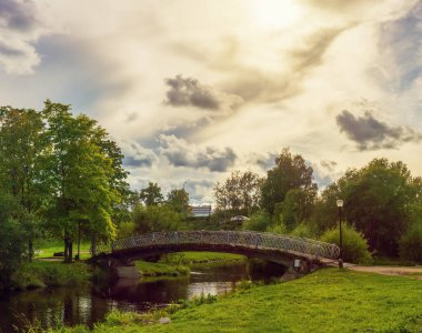 Yazın yeşil bir şehir parkında nehrin üzerindeki yaya köprüsü.