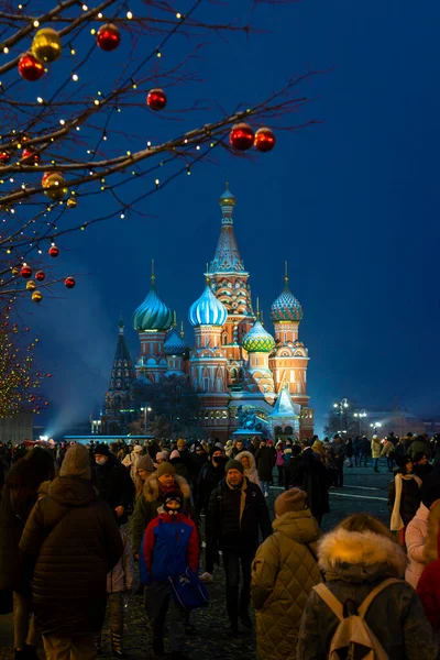 Catedral Basílio Praça Vermelha Moscou Natal Multidão Turistas — Fotografia de Stock