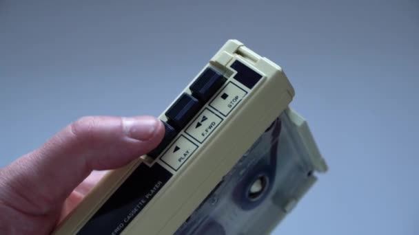 Finger Switches Play Retro Cassette Tape Analog Player — Stock Video