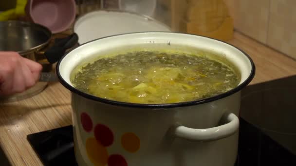 Mão Cozinheiro Está Mexendo Sopa Com Uma Colher Câmera Lenta — Vídeo de Stock