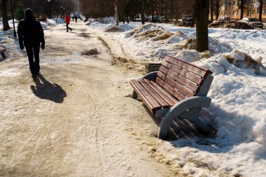 Yoldan geçen biri, baharda eriyen karla güneşli şehir parkında boş bir bankın yanından geçti.