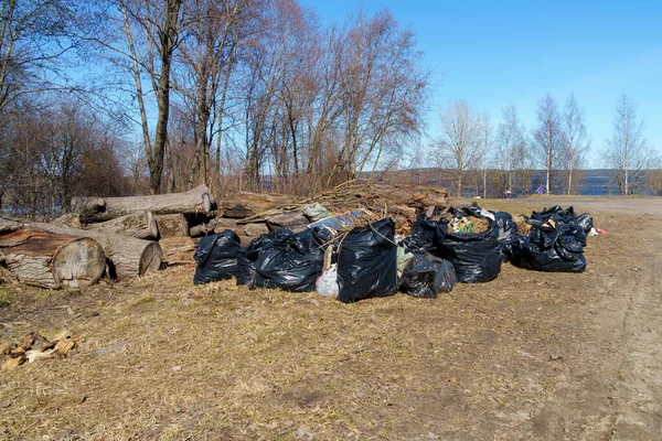 Väskor Fulla Skräp Samlas Utomhus Vårdagen Stadsparken — Stockfoto