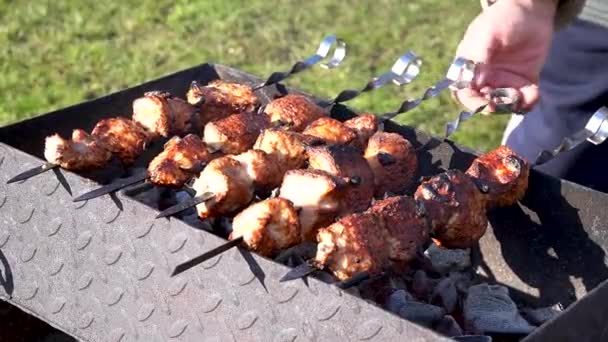Real Time Hand Turns Skewers Juicy Pork Meat Charcoal Grill — Stock Video