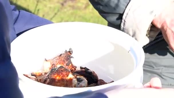 Man Throws Fried Pieces Pork Kebab Skewer Bowl — Stock Video