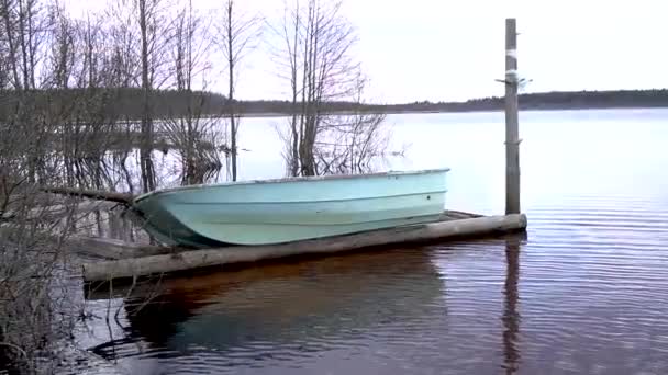 在春天洪水淹没的湖岸上的村船实时航行 — 图库视频影像
