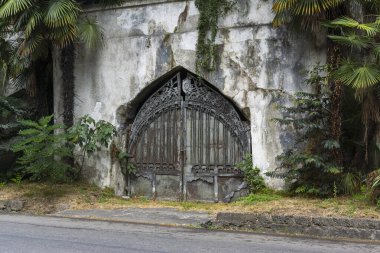 Eski evin duvarındaki eski demir kapı eski tatil köyünün yakınındaki palmiye ağaçları arasında.