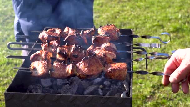 Hand Turns Skewers Pork Meat Hot Brazier Slow Motion — Stock Video