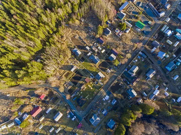 Village with old summer cottages in forest aerial view in spring at sunset