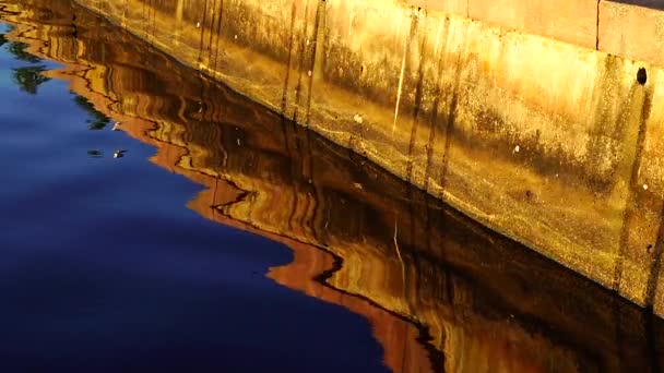 Reflejo Calmo Cálido Del Terraplén Hormigón Agua Destellos Luz Solar — Vídeos de Stock