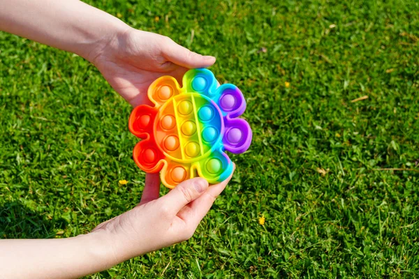 Colored Pimpled Stress Toy Pop Hands Child Outdoors — Stock Photo, Image