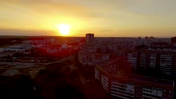 Aerial View Side Flying City Sunset — Stock Video