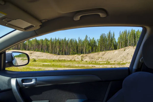 夏の日のオープンカーの窓からの丘の上のモミの森の眺め — ストック写真