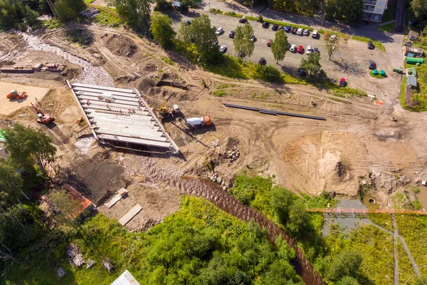Aerial View City Road Bridge Construction Equipment Builders — Stock Photo, Image