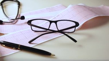Kamera kalp atış testi, steteskop ve doktor gözlükleri üzerinde kayıyor.