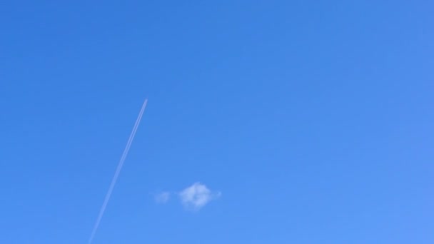 White trace of jet in the blue sky — Stock Video