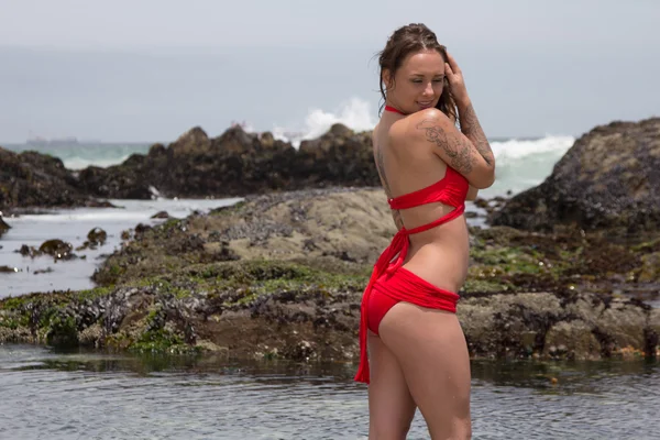 ชายหาด ผู้หญิงสวย ด้วย an ทางเลือก twist — ภาพถ่ายสต็อก