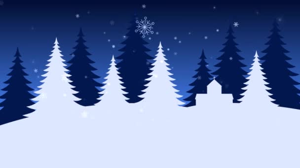 Noite de Natal nevada. Queda de flocos de neve. Desenhos animados. Design de inverno — Vídeo de Stock