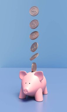 Altın paralar domuz kumbarasına uçuyor. Domuz-parası. 3d illüstrasyon