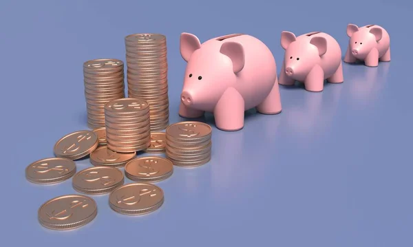 Três Porcos Moedas Ouro Dólares Num Fundo Azul Bancos Espera — Fotografia de Stock