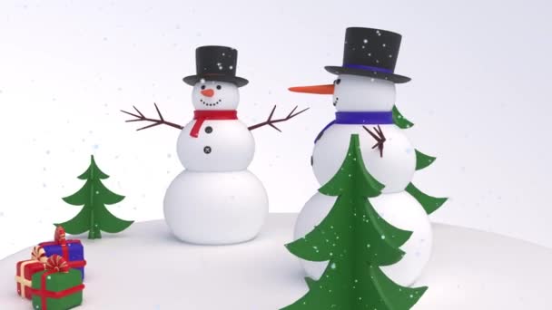 Bolo com dois bonecos de neve em uma chapa de vidro gira, árvores de Natal, caixas de presente, ideia para o Ano Novo, Natal. Animação 3D, elemento de design — Vídeo de Stock