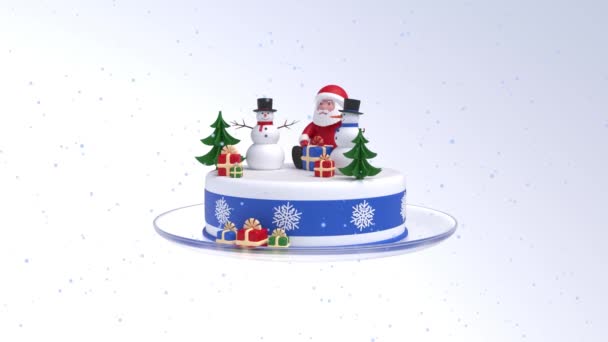サンタクロースと2人の雪だるま、クリスマスツリー、氷の上のギフトボックス。3Dアニメーション、デザイン要素 — ストック動画
