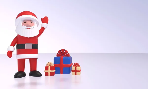 Santa Claus berdiri di atas es dan melambaikan tangannya di samping kotak dengan hadiah. Ide untuk Tahun Baru, spanduk Natal, kartu ucapan, elemen desain. Perender 3D — Stok Foto