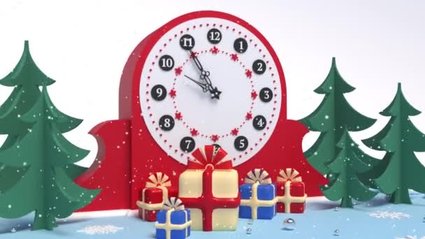 Ciasto z zegarem, Mikołaj macha ręką, choinki, pudełka prezentów. Ręce zegara obracają Pomysł na Boże Narodzenie, Nowy Rok. Animacja 3D — Wideo stockowe