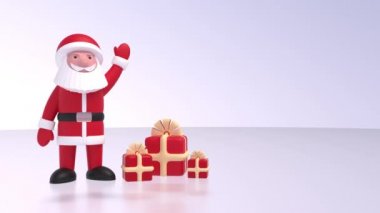 Noel Baba hediye kutularının yanında elini sallıyor. Noel için fikir, yeni yıl. 3 Boyutlu Canlandırma