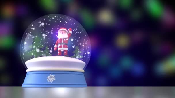 Snow globe with Santa Claus and Christmas trees inside. Falling snow. Multicolored dynamic blurred background. 3D rendering animation — Video Stock