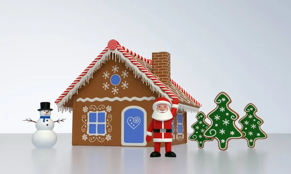 3Dレンダリング。サンタクロースはジンジャーブレッドハウスの近くに立っています,木の形で雪だるまとジンジャーブレッド. — ストック写真