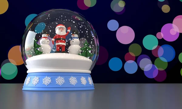 3D rendering. Snow globe with Santa Claus, two snowmen and Christmas trees inside. Falling snow. Multicolored blurred background — Stock Photo, Image